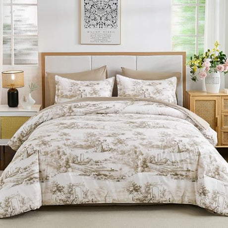 WONGS BEDDING Brown Comforter Set King Size, 7 Pieces Botanical Comforters with Sheets, Soft Microfiber Farmhouse Floral Complete Bedding Set for All Season WONGS BEDDING