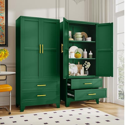 GAIOUS 71" Tall Metal Pantry Cabinet, Steel Storage Cabinets with 2 Doors, 2 Adjustable Shelf and 2 Drawers, Used as Kitchen Cabinet, Freestanding Cupboard for Kitchen, Office, Living Room (Green)