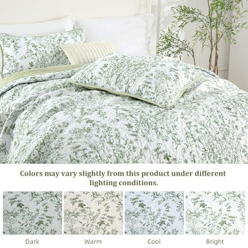 WONGS BEDDING Quilt King Size, Sage Green Quilt Bedding Set with 2 Pillowcases, Botanical Quilt for King Bed, Soft Microfiber Lightweight Coverlet Bedspread for All Season (110"×90", 3 Pieces) WONGS BEDDING