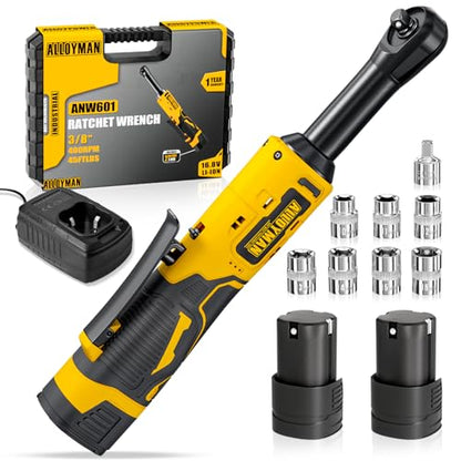 Alloyman 16.8V 2.0Ah Li-Ion Cordless Ratchet Wrench Kit, Yellow, 400 RPM, 7 Sockets, 1/4 Inch Adapter, 1 Hour Fast Charge - WoodArtSupply