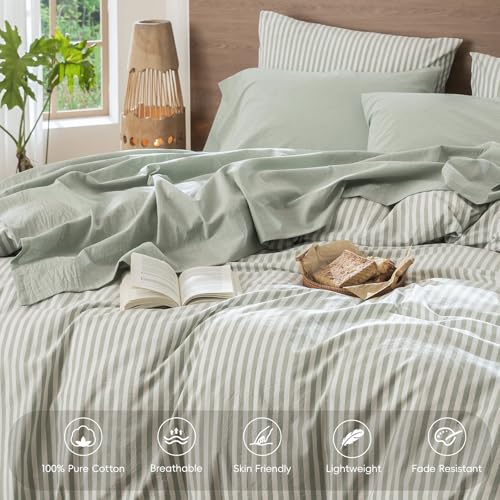 MooMee Bedding Sheet Set 100% Washed Cotton Linen Like Textured Breathable Durable Soft Comfy (Heathered Sage Green, King) MooMee