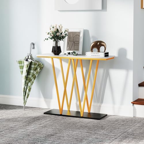 Giantex Gold Console Table, 40” Entryway Table with Faux Marble Top & Sturdy Metal Base, Modern Accent Sofa Table for Entrance, Living Room, Hallway, Foyer Decoration, White Giantex