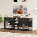 GarveeHome 82" Double Dog Crate Furniture, Large Dog Kennel Indoor for 2 Dogs, Heavy Duty Wooden Dog Crate TV Stand with 4 Drawers and Shelves, Black GarveeHome