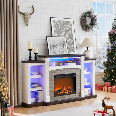 SAVOR LIFE Fireplace TV Stand for 80'' TV, 70" Electric Fireplace with Mantel, White Entertainment Center with Electric Fireplace & LED Lights, TV Console Fire Place TV Stands for Living Room SAVOR LIFE