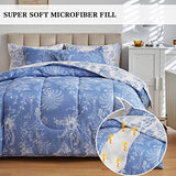 Flysheep Botanical Bed in a Bag Queen Size 7 Pieces, Reversible Blue and White Flower Printed Comforter Bedding Set (1 Comforter, 1 Flat Sheet, 1 Fitted Sheet, 2 Pillow Shams and 2 Pillowcases) Flysheep