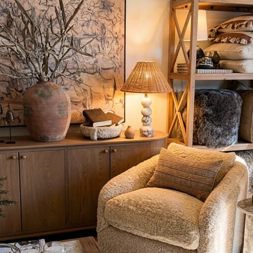 Calacatta Marble Stacked Ball Table Lamp - Hand-Woven Rattan Shade, 15" Stone Margot Artistic Vintage Lamp Luxury for Bedroom Living Room, Counter, Console, Entryway, Gift (Calacatta Viola Marble) BSOD