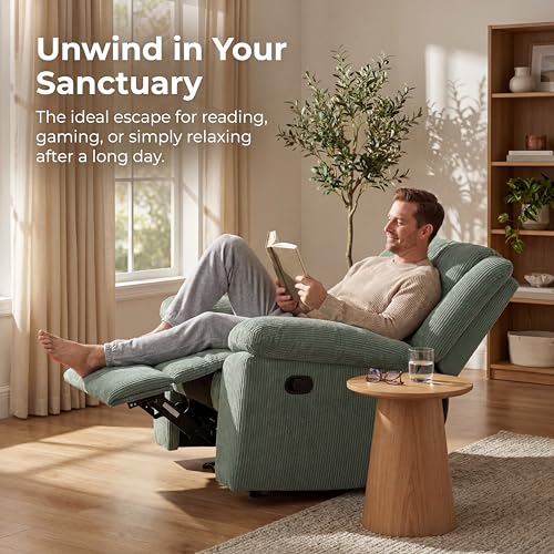 Trygoal Oversized Corduroy Recliner Chair, Manual Lazy Boy Recliner with Home Theater Seating, Breathable Living Room Reclining Chair for Adults Reading, Gaming, Relax, Green