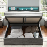 AMERLIFE Queen Size Lift Up Bed Frame with Linen Upholstered & LED Light & Storage Headboard, Platform Bed Frame with Charging Station, No Box Spring Needed, Noisy Free, Rustic Grey AMERLIFE