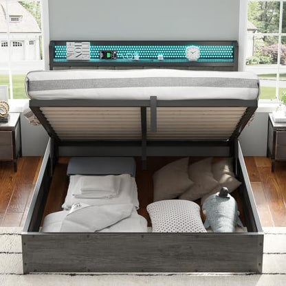 AMERLIFE Queen Size Lift Up Bed Frame with Linen Upholstered & LED Light & Storage Headboard, Platform Bed Frame with Charging Station, No Box Spring Needed, Noisy Free, Rustic Grey - WoodArtSupply