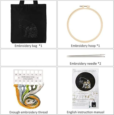 Smart-Feather Cat Embroidery Kit for Beginners Adults, Hand Embroidery Tote Bag Kit with Hoop and Patterns Smart-Feather