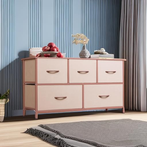 WLIVE Dresser for Bedroom with 5 Drawers, Wide Chest of Drawers, Fabric Dresser, Storage Organization Unit with Fabric Bins for Closet, Living Room, Hallway, Pink and Rose Gold WLIVE