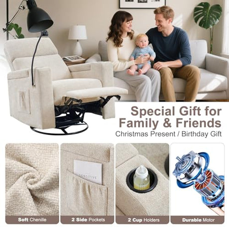 ABCASA Power Recliner Rocking Chair Nursery Glider, Swivel Reclining Nursery Rockers for Baby Room & Living Room, Chenille Chair with Phone Holder, USB/Type-C Ports, Arm Storage, Light Brown ABCASA