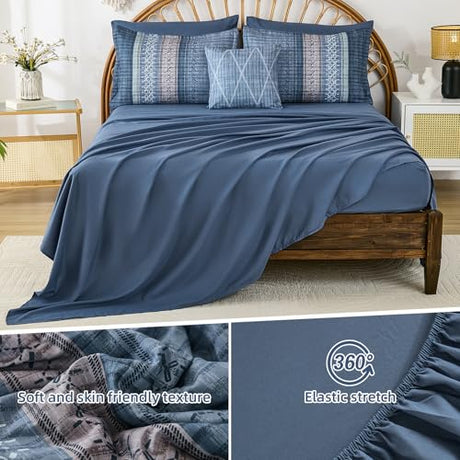 Dintszyayue Blue Comforter Set Queen Size, 8 Pieces Boho Striped Bed in a Bag Soft Microfiber Bedding Set for All Season Dintszyayue