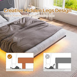 HOMERECOMMEND Floating Bed Frame Queen Size with Storage Headboard and Charging Station, Upholstered Platform Bed with LED Light, Heavy Duty Metal Slats, No Box Spring Needed,Black and Grey HOMERECOMMEND
