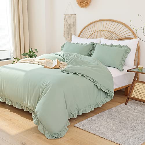 JANZAA Twin Comforter Set Sage Green Comforter Set 2PCS Ruffled and 1 Pillow Case Fluffy Vintage Farmhouse Shabby Chic Bedding Soft All Season JANZAA