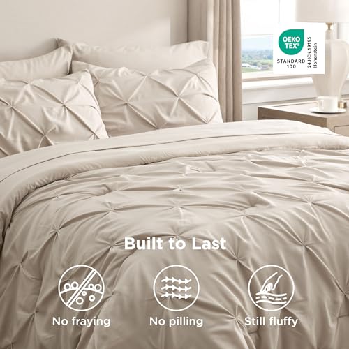 Bedsure Queen Comforter Set Beige - Bed in a Bag Queen Size Bedding 7 Pieces, GentleSoft™ Pintuck Bed Set Gift for Family, Pinch Pleat All Season Comforter with Sheets, Pillowcases & Shams Bedsure
