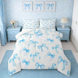 Feelyou Sky Blue Bow Bedding Set for Kids Boys Girls Twin Size Cute Dreamy Princess Style Comforter Set Ultra Soft Bow Pattern Comforter Sky Blue Bowknot Duvet Quilt Bedroom Decor Bow Quilt Feelyou
