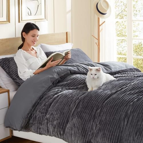 Hearth & Harbor Premium Flannel Duvet Cover Set - 3 PC Reversible Full Comforter Cover Set with Microfiber Back - 1 Velvet Duvet Cover Full & 2 Pillow Shams 80 x 90 inches - Charcoal Gray Hearth & Harbor