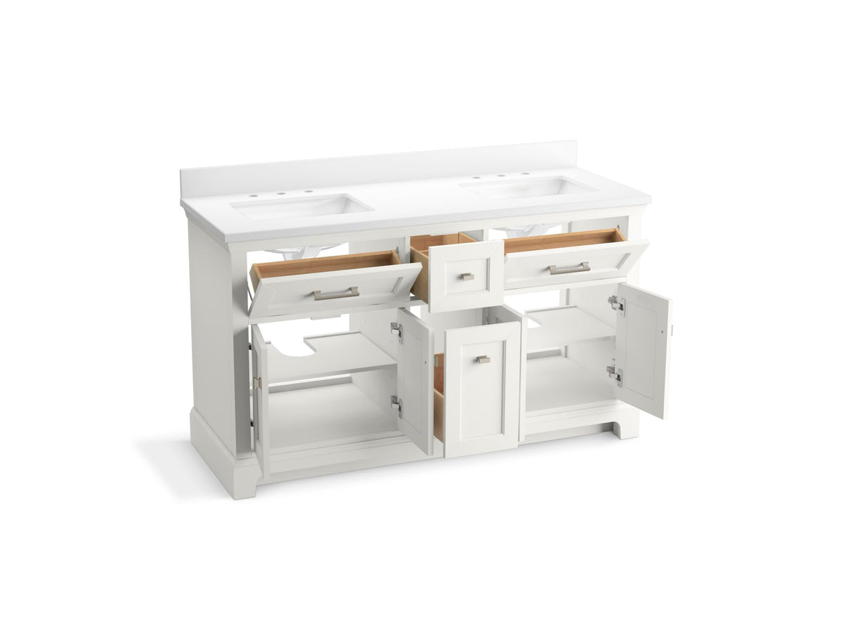 KOHLER Charlemont 60" Bathroom Vanity Cabinet with White Double Sinks and Quartz Top, Modern Bathroom Storage, White, K-29263-BD1-0 KOHLER