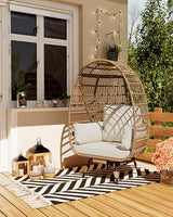 GarveeLife Oversize 360°Swivel Egg Chair Patio Rotating Rattan Egg Basket Lounge Chair, Wicker Egg-Shaped Chair w/Steel Frame Stand and 4 Cushions for Patio, Porch, Backyard, Living Room, Beige GarveeLife