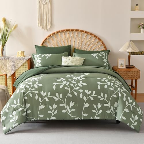 METAHOTS Queen Size Comforter Set - 7 Piece Floral Botanical on Green Comforter Sets with Sheets and Pillows, Soft Lightweight Microfiber Bedding Set for All Season(90"X90") METAHOTS