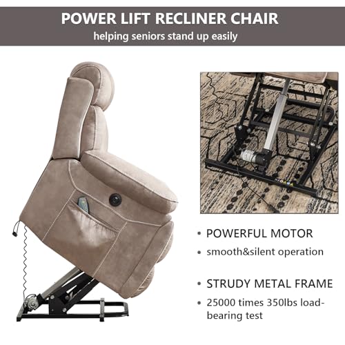 CANMOV Large Power Lift Recliner Chairs with Massage and Heat for Elderly Big People, Heavy Duty Motion Reclining Mechanism-Anti Skid Fabric Recliner Chair with 2 Concealed Cup Holders,Light Brown