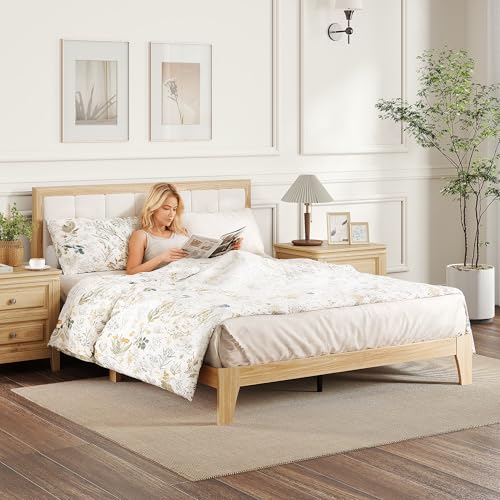 HOMCOM Queen Size Bed Frame with Upholstered Headboard, Platform Bed Frame with Wooden Slats, No Box Spring Needed, Easy Assembly, Natural HOMCOM