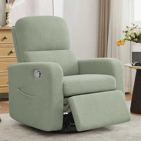 AEMEIOS Swivel Rocker Recliner, Oversized Manual Boucle Nursery Glider Rocking Recliner Chair with Removable Cushion, Upholstered Swivel Reclining Chair for Nursery Living Room Bedroom, Teddy Green AEMEIOS