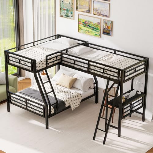 Merax Twin Over Full L-Shaped Bunk Bed with Loft & Desk, Triple Sleeper Metal Bunk Bed with Guardrails for Bedroom, Black Merax