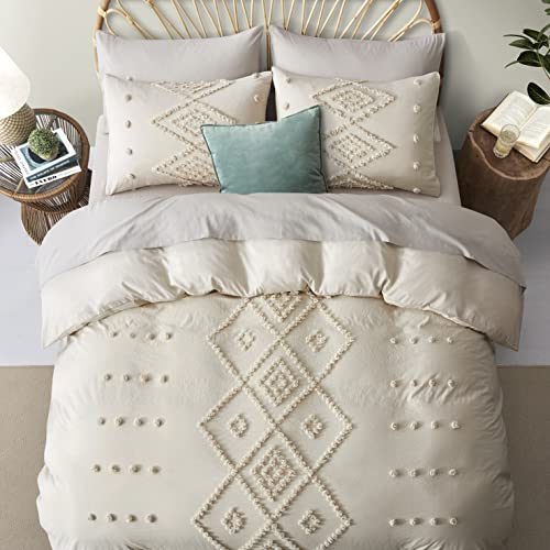 Oli Anderson Tufted Duvet Cover Queen Size, Soft and Lightweight Duvet Covers Set for All Seasons, 3 Pieces Boho Embroidery Shabby Chic Bedding Set (Beige, Queen, 90" x 90") Oli Anderson
