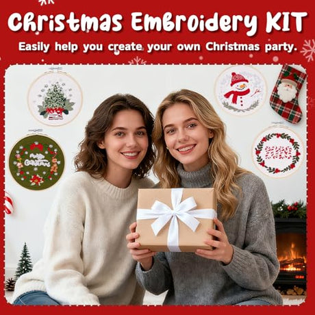 Christmas Embroidery Kit for Adults & Beginners, Gnomes & Christmas Tree Hand Embroidery Ornaments kit with Pattern, Cotton, Needles & Instruction, Christmas DIY Cross Stitch Kits Gifts (4pcs-A) BibYuga