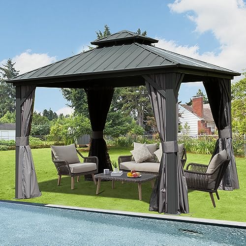 Domi Hardtop Gazebos 10x10FT, Aluminum Metal Gazebo with Galvanized Steel Double Roof Canopy, Curtain and Netting, Permanent Gazebo Pavilion for Patio, Backyard, Deck and Lawn, Grey domi outdoor living