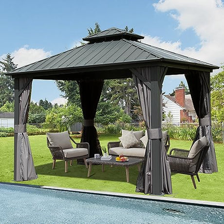 Domi Hardtop Gazebos 10x10FT, Aluminum Metal Gazebo with Galvanized Steel Double Roof Canopy, Curtain and Netting, Permanent Gazebo Pavilion for Patio, Backyard, Deck and Lawn, Grey domi outdoor living