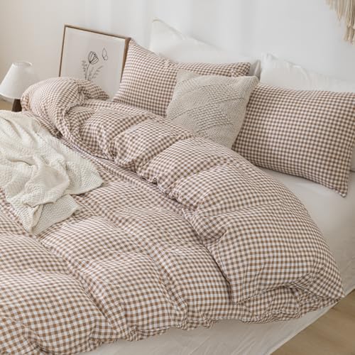 YHJWW Tan Gingham Duvet Cover Bedding Set Prewashed Extra Soft Comfy Breathable 3 Piece Brown Plaid Checkered Grid Vintage Comforter Cover Set Cute Aesthetic (Full 80"x90", No Comforter) YHJWW