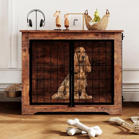 Dog Crate Furniture, 38" Double Doors Indoor Decor Pet House Cage, Wooden Dog Kennel with 360°& Adjustable Raised Dog Bowls,Indoor Pet End Tables with Storage Platform for Large/Medium Dog Garvee