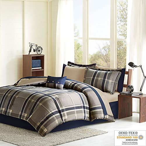Intelligent Design Robbie 7-Piece Twin XL Comforter Set – Lightweight All-Season Plaid Bedding, Navy/Tan, Cozy Bed-in-a-Bag with Matching Shams & Decorative Pillow, Modern Casual Style Intelligent Design