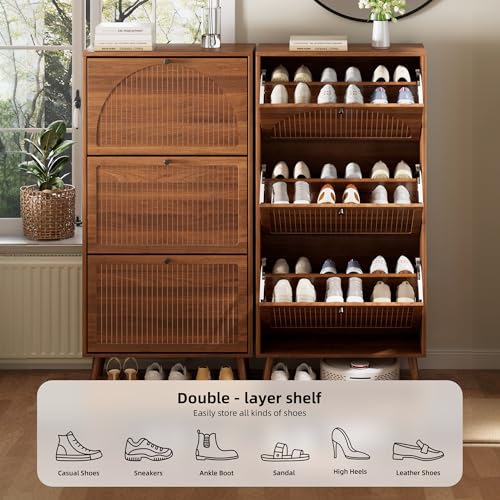 Fsbecl Shoe Storage Cabinet for Entryway with 3 Flip Drawers, Narrow Shoe Organizer with Fluted Panel, Freestanding Wood Hidden Shoe Cabinet for Hallway (Walnut, 23.6''W, Double Layer) Fsbecl