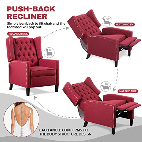 Recliner Chair for Adults Red Fabric Accent Chairs Living Room Mid-Century Modern Recliner Button Tufted Club Chair Upholstered Vintage Reclining Reading Arm Chair 27" Wide