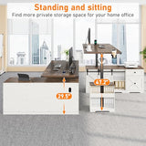 63" Farmhouse Electric Standing Desk Adjustable Height Sit Stand Corner Stand Desks, L Shaped Standing Computer Desk with Power Outlets & Storage Drawers & Sliding Door for Home Office, White St.Mandyu