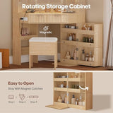 HAUOMS Fluted Corner Vanity Desk with Mirror Lights, Makeup Vanity with Charging Station, Drawers & Rotating Cabinets, Corner Vanity with Storage Bench, for Bedroom, Natural Wood HAUOMS