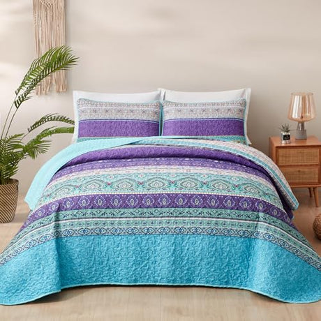 Xruibed Boho Quilt Set Queen,Purple Teal Bohemian Quilt Coverlet 3PCs Soft Microfiber Lightweight Bedspread with 2 Pillowcases for All Season (Queen Size 90"x96") Xruibed