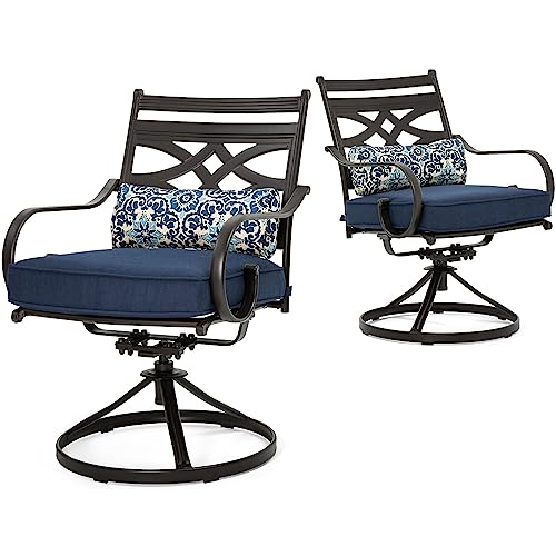 Hanover Montclair 11-Piece Outdoor Dining Set, All-Weather Outdoor Patio Dining Set, 10 Swivel Rocker Chairs with Seat and Lumbar Cushions, 84"x60" Stamped Rectangle Table, Umbrella, and Umbrella Base Hanover