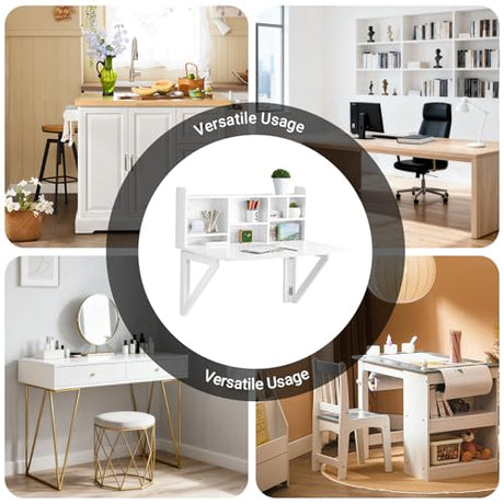 Haotian Wall Mounted Folding Table Drop-Leaf Floating Trestle Desk Computer Writing Workstation with Storage Compartments, White FWT07-II-W Haotian