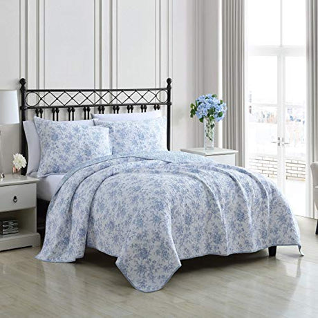 Laura Ashley - Full/Queen Quilt Set, Reversible Cotton Bedding with Matching Sham, Medium-Weight for Year Round Use, Floral Print Bed Set (Walled Garden Blue) Laura Ashley