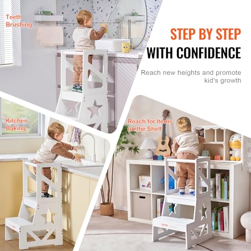 VEVOR Toddler Step Stool, Natural Pine Wood Kids Kitchen Stool Helper with Safety Rail, Standing Tower Learning Stool for Bedroom Bathroom Kitchen Counter, 150LBS Loading Capacity, White VEVOR