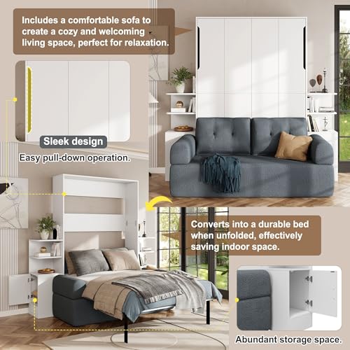 Quarte Queen Size Wall Murphy Bed with Sofa and Storage, Space-Saving Folding Bed for Home Office & Guest Room, Easy Assembly (A-Gray) Quarte