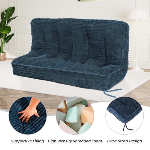 KOZIDO 8 Inches Futon Mattress Queen Size, Extra Thick Futons Sofa Couch Bed with Strap Design, Japanese Floor Mattress for Adults, Folding Mattres Shredded Foam Filling (Frame Not Included), Blue KOZIDO