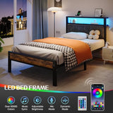 Liians Twin Size Platform Bed Frame with LED Lights, Grey Upholstered Headboard with 2-Tier Storage Shelves, Charging Station, Noise Free, No Box Spring Needed, Easy Assemably Liians