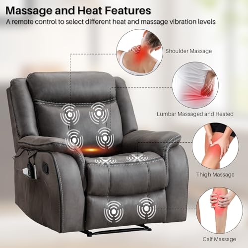 BAMCANFUR Massage Recliner Chair with Heated, Faux Leather Recliner Chairs for Adults, 39" Wide Manual Reclining Ergonomic Lounge Chair for Living Room with Overstuffed Backrest, Side Pocket, Grey BAMCANFUR