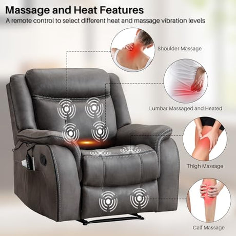 BAMCANFUR Massage Recliner Chair with Heated, Faux Leather Recliner Chairs for Adults, 39" Wide Manual Reclining Ergonomic Lounge Chair for Living Room with Overstuffed Backrest, Side Pocket, Grey BAMCANFUR